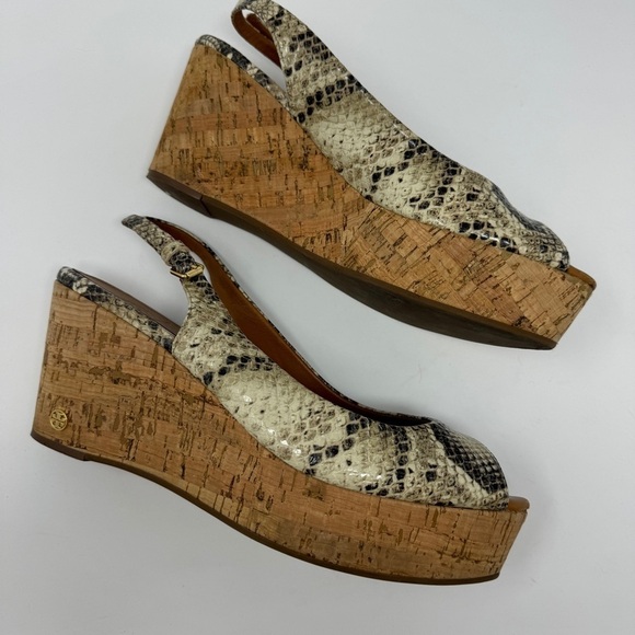 Tory Burch Rosalind Snakeskin Embossed Leather Cork Platform Wedge Sandals - Picture 9 of 11